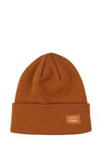 Bonnet en tricot marron avec un revers, arborant une petite étiquette rectangulaire OXBOw. Texture douce, design chaud et ajustement confortable.