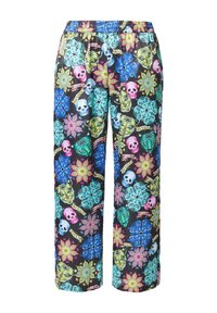 Pantaloni palazzo multicolori con sfondo nero e motivi floreali e teschi vivaci. Vita elastica per il massimo comfort.