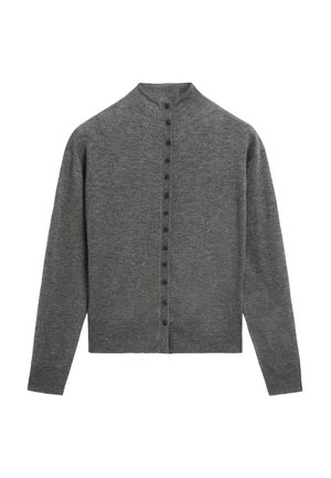 Cardigan grigio realizzato in morbido tessuto, con collo alto, maniche lunghe e una fila di sei bottoni sul davanti.