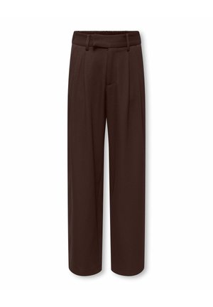 Pantalon marron foncé taille haute sur mesure avec passants de ceinture, plis devant et jambes larges droites, présenté sur fond blanc.