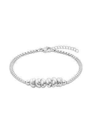 Silver chain bracelet with polished twisted oval beads and a lobster clasp with adjustable links.