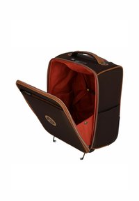 Valigia in tessuto marrone con dettagli beige, apertura con zip che rivela un interno rosso. Dotata di manico superiore e cinghie elastiche interne.