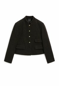 Black cropped jacket made of textured fabric, featuring a round collar, five buttons, and two front pockets.