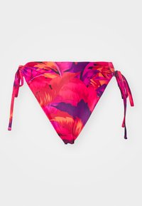 Bikini dno z živahnim roza in vijoličnim cvetličnim vzorcem, narejeno iz raztegljivega materiala z nastavljivimi vezalkami na straneh.