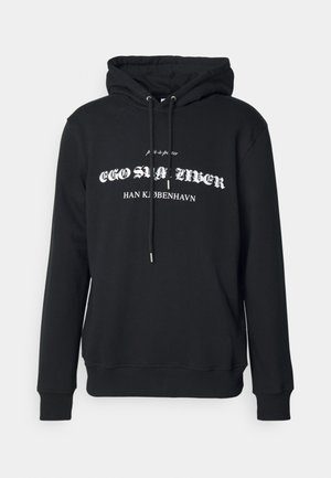 Sudadera con capucha negra hecha de tela suave, con gráficos de texto en blanco. Incluye cordones ajustables y puños y dobladillo acanalados.