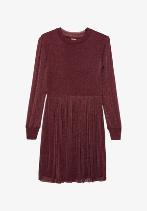 Vestido largo de manga larga color burdeos con escote redondeado, falda plisada y textura brillante. Tela suave con un ajuste relajado.