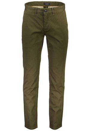 Olivengrüne Baumwoll-Chinos mit schmaler Passform, ausgestattet mit Knopfverschluss, Gürtelschlaufen und vorderen Taschen. Sichtbare Struktur und klare Linien.