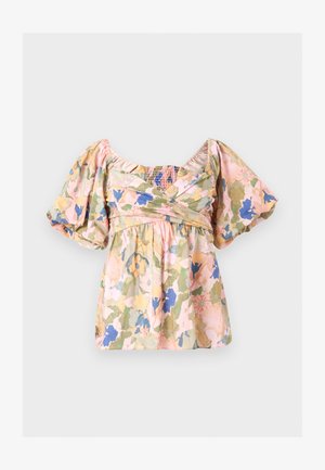 Kukkakuvioinen pusero, jossa on ilmavat liehukevät hihat, joustava pääntie, ristiin menevä yksityiskohta rinnassa sekä vaaleanpunainen, sininen, vihreä ja keltainen pastellikuvio.