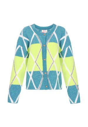 Neulecardigan sinisessä, vihreässä ja valkoisessa, jossa on geometrisia kuvioita. Ominaisuuksiin kuuluu pitkät hihat, pyöreä kaula-aukko ja koristeelliset napit edessä.