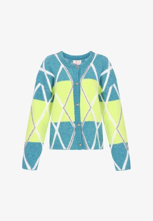Sinine, roheline ja valge lõngadest kudumine kardigan geomeetriliste mustritega. Omab pikki varrukaid, ümmargust kaela ning dekoratiivsed nupud ees.