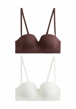 Dwa usztywniane biustonosze z cienkimi regulowanymi ramiączkami, jeden w ciemnobrązowym, drugi w białym kolorze, przedstawione na jednolitym białym tle.