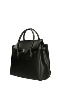 Borsa a mano in pelle nera con un design strutturato, doppi manici, chiusura a pattina e hardware in tonalità argento, con dettagli testurizzati.