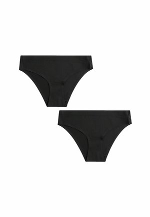 Viettiin mustat bikinit, jotka on valmistettu sileästä kankaasta, matalalla vyötäröllä ja leveällä joustavyötäröllä mukavuutta varten. Kuvassa on kaksi osaa.