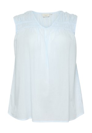 Svetlomodrý top bez rukávov vyrobený z mäkkej látky, s výstrihom do V a zberaním na ramenách. Hladká textura s voľným strihom.