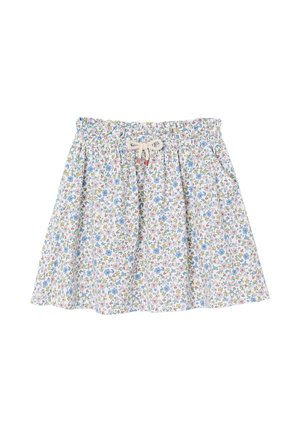 White skirt with elastic waistband and drawstring, featuring small blue, pink, and yellow floral pattern, shown flat on white background.