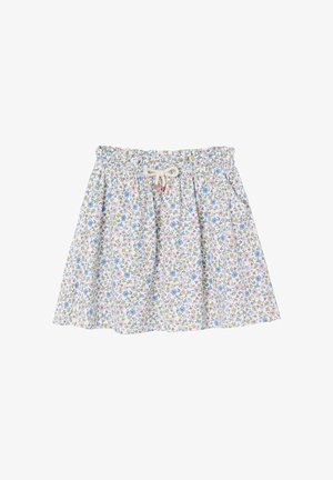 Weißer Rock mit elastischem Bund und Kordelzug, versehen mit kleinem blauem, rosa und gelbem Blumenmuster, flach auf weißem Hintergrund dargestellt.