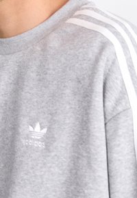 Grå sweatshirt i mjukt tyg, med vita ränder på axlarna och en liten broderad logotyp på bröstet.