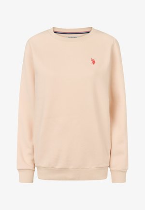 Lys ferskenfarvet sweatshirts lavet af blødt stof, med rund hals, lange ærmer og et lille rødt logo på brystet. Ribbet manchetter og kant.