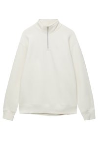 Felpa bianca con collo alto, zip frontale a quarto e polsini a costine. Tessuto morbido con una superficie liscia e un design minimal.