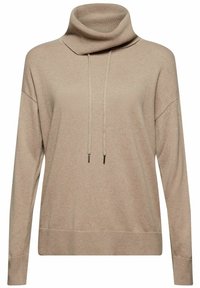 Pull en tricot beige avec col bénitier, manches longues, détail avec cordon de serrage, texture côtelée et coupe décontractée à l'ourlet.