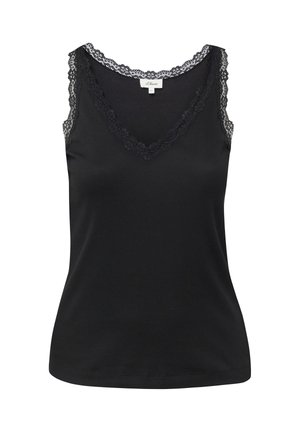 Schwarzes ärmelloses Tanktop mit V-Ausschnitt und Spitzenbesatz entlang des Ausschnitts und der Armlöcher, aus geripptem Stoff gefertigt.