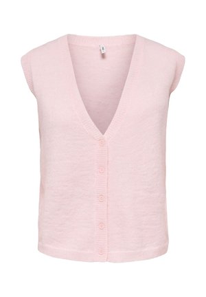 Chaleco de punto sin mangas de color rosa claro con escote en V profundo y cinco botones a juego en la parte delantera.