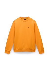 Orange sweatshirt lavet af blødt materiale, med rund halsudskæring, ribbede manchetter og et lille logo på venstre bryst.