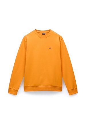 Sudadera naranja hecha de material suave, con cuello redondo, puños acanalados y un pequeño logo en el lado izquierdo del pecho.