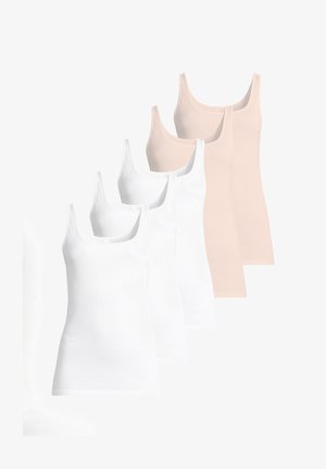 Cinque canotte senza maniche bianche e beige, disposte in fila sfalsata su uno sfondo bianco.