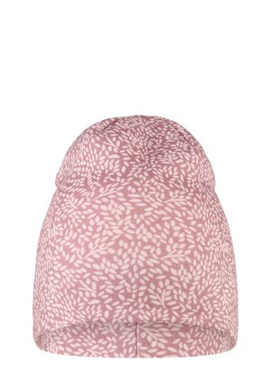 Rosa Stoffmütze mit weißem Blattmuster, abgerundetem Oberteil und weicher Textur. Unisex-Design, geeignet für verschiedene Kopfgrößen.