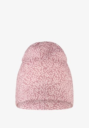 Rosa Stoffmütze mit weißem Blattmuster, abgerundetem Oberteil und weicher Textur. Unisex-Design, geeignet für verschiedene Kopfgrößen.