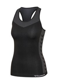 Zwarte sportieve tanktop met een mesh paneelontwerp, voorzien van reflecterende accenten aan de zijkanten en een aansluitende silhoët. Merkteken weergegeven aan de zoom.