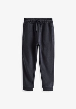 Sorte joggingbukser med elastisk taljebånd og snøre, sidelommer og ribstrikkede manchetter ved anklerne.