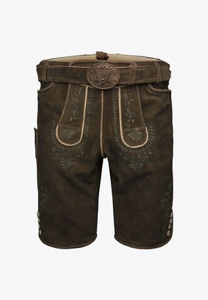 Pantalones cortos de cuero marrón con patrones florales bordados, un cinturón con una hebilla metálica circular, bolsillos laterales y detalles de botones en el dobladillo.