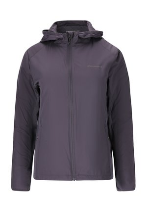 Lila leichte Jacke mit Reißverschluss vorne, verstellbare Kapuze, Seitentaschen und glatter Textur. Bietet minimalistische Markenkennzeichnung.