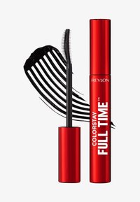 Revlon ColorStay Full Time mascara i en blank rød tube har en slank sort applikator med en fin tandet børste. Mørk sort mascara er sprøjtet bagved.