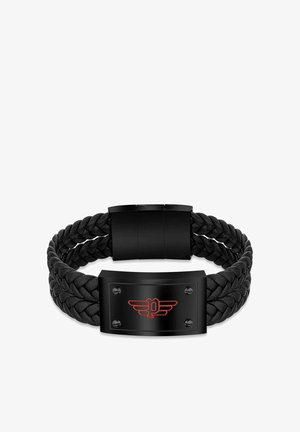 Black double braided leather bracelet with a black metal plate featuring a red winged "P" logo and a clasp closure.