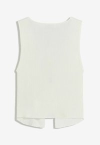 Vit, räfflad linne med rund halsringning, med en något rundad nedre kant bak och vida ärmhål. Slät textur. Ingen dekoration.