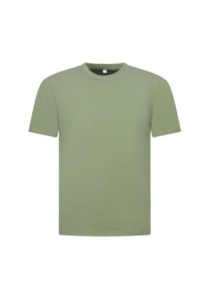 Effen olijfgroen T-shirt met korte mouwen en ronde hals in een reguliere pasvorm, weergegeven op een witte achtergrond.