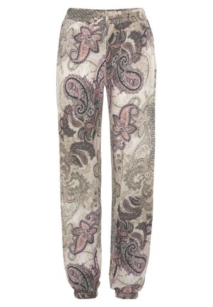 Pantalon ample avec taille et poignets élastiques, présentant une base beige avec des motifs cachemire et floraux complexes en rose, noir et gris.