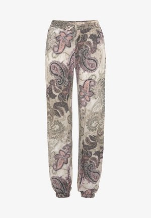Pantalon ample avec taille et poignets élastiques, présentant une base beige avec des motifs cachemire et floraux complexes en rose, noir et gris.