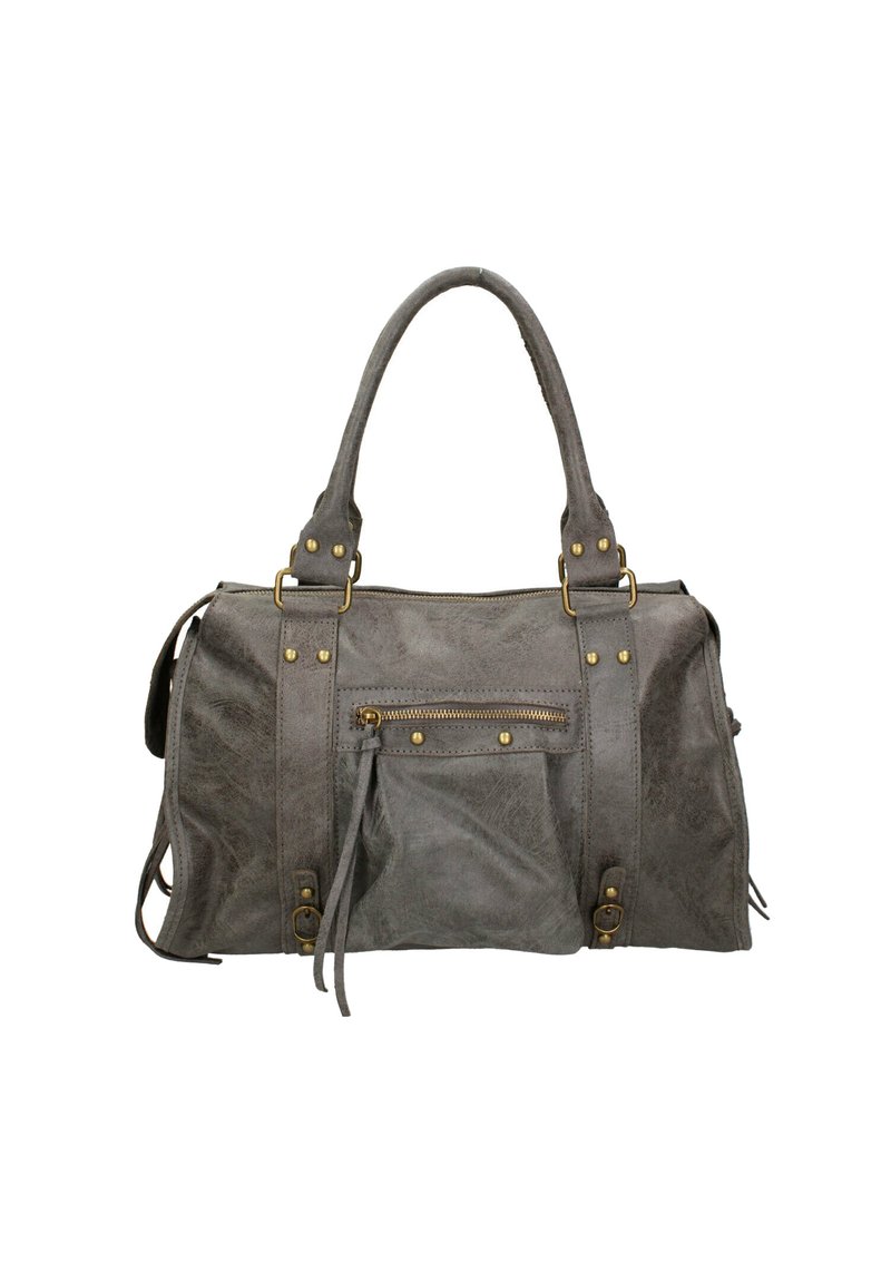 Sac à main en simili cuir gris avec une forme structurée, deux poignées supérieures, poche zippée extérieure, quincaillerie dorée et couture décorative.