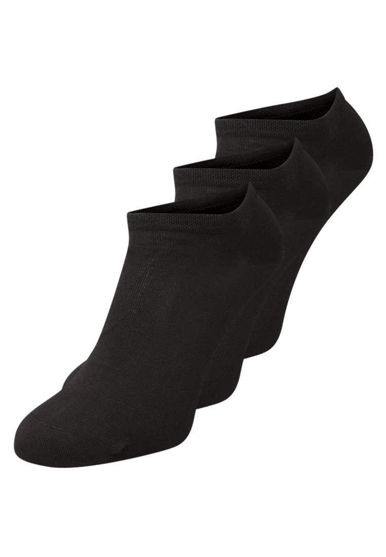Schwarze Baumwollknöchelsocken mit einer glatten Strickstruktur und dehnbarem Bündchen, präsentiert in einem Set von drei Paaren.