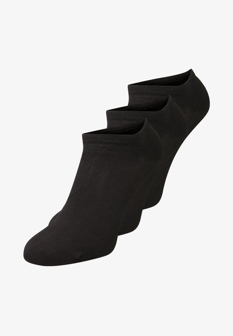 Black cotton ankle socks, featuring a smooth knit texture and subtle elastic at the opening, presented in a set of three pairs.