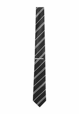 Black tie with white diagonal stripes, made of smooth material, featuring a pointed end and a sleek design, with a subtle texture.