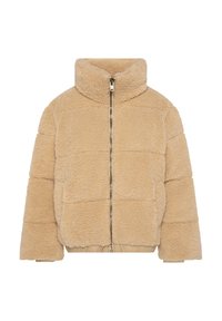 Beige faux fur jacket with a high collar, zip front closure, and horizontal stitched design. Features side pockets and a relaxed fit.