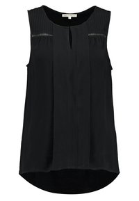 Top sin mangas negro con un corte en forma de llave en la parte delantera, textura plisada en los hombros y sutiles acentos a rayas. Tejido suave con un dobladillo ligeramente curvado.