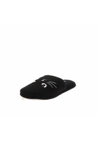 Pantofole nere con punta arrotondata, caratterizzate da un design con volto di gatto, baffi bianchi e superficie in tessuto testurizzato. Stile slip-on, interno morbido.