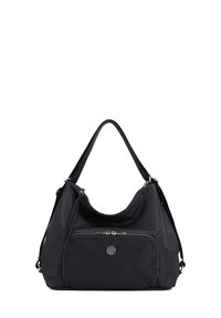 Borsa a mano in tessuto nero con superficie testurizzata, doppi manici, tasca anteriore con zip e logo decorativo. Presenta un ampio scomparto principale.