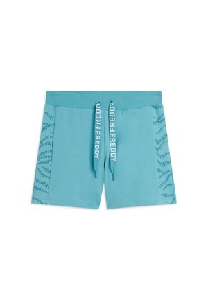 Pantaloncini sportivi turchese con pannelli laterali decorati e vita a coste, con coulisse con la scritta "FREDDY" in testo bianco.